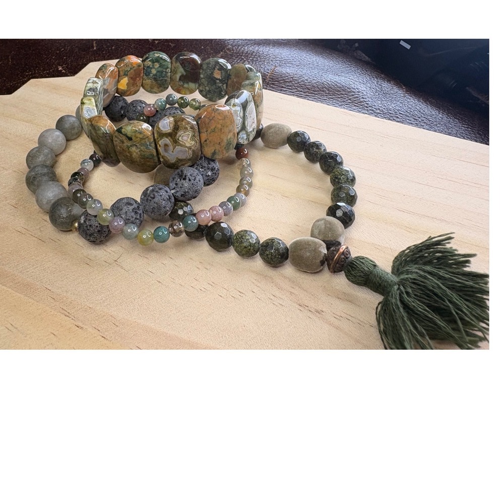 4pc Earth Tone Beaded Bracelet Set Jasper Lava Rock Tassel Boho Stretch Green